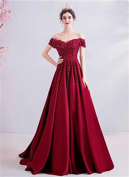 Picture of Wine Red Color Beaded and Lace Off Shoulder Long Party Dresses, Wine Red Color Floor Length Formal Dresses